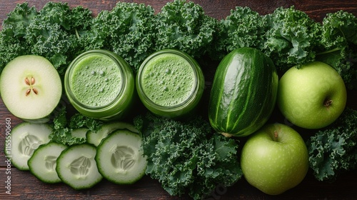 Refreshing green smoothie ingredients displayed on a wooden surface with kale...