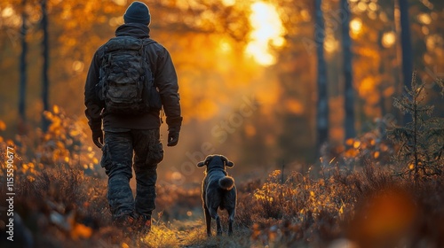 Exploring a serene forest path with a dog during autumn sunrise in the countr...