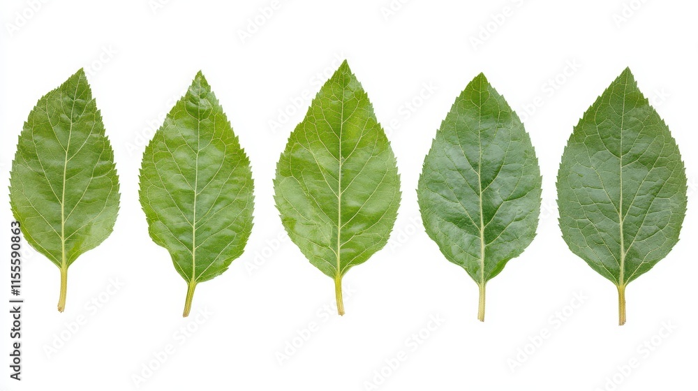 Five vibrant green leaves arranged in a row against a white background. Five vibrant green leaves arranged in a row against a white background.