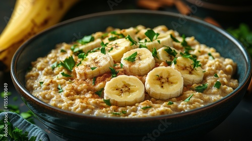Warm oatmeal bowl topped with banana slices and spices on a rustic table