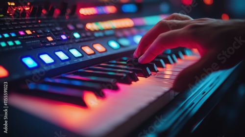 Captivating fingers gracefully play colorful notes on a synthesizer at night