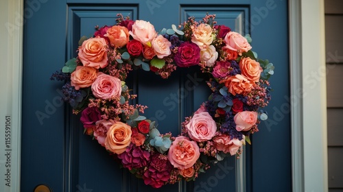 Beautiful heart-shaped floral wreath adorning a vibrant blue door with bloomi...