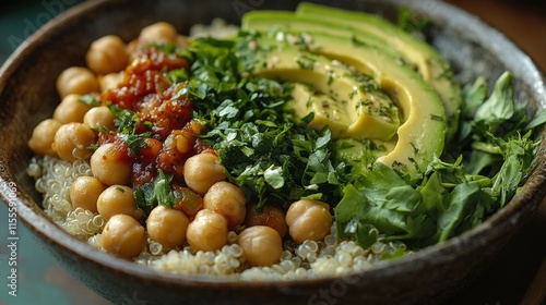 Bowl filled with quinoa, chickpeas, avocado, and fresh herbs set on a rustic ...