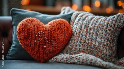 Cozy living room decor featuring heart-shaped pillow and warm textures in aft...