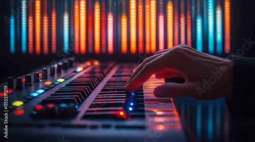 Captivating fingers gracefully play colorful notes on a synthesizer at night