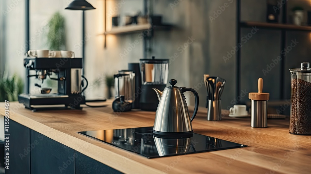 A modern gooseneck kettle on an electric stovetop, with a barista-style coffee setup nearby. A modern gooseneck kettle on an electric stovetop, with a barista-style coffee setup nearby.