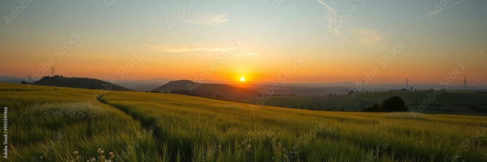 Panoramic view of picturesque winding path in hilly green field at dawn under blue sky with clouds, beauty, sunrise Panoramic view of picturesque winding path in hilly green field at dawn under blue sky with clouds, beauty, sunrise