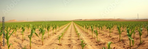 Panoramic view of young corn plants in advanced sustainable agriculture field in arid Middle East desert, panorama, arid photo