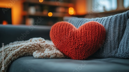 Cozy living room decor featuring heart-shaped pillow and warm textures in aft...
