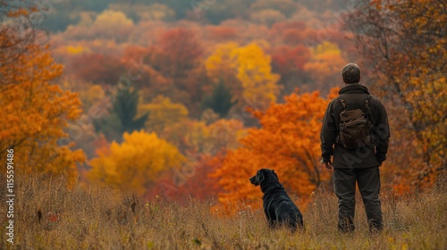 Man and dog enjoy autumn landscape with vibrant foliage in countryside during...
