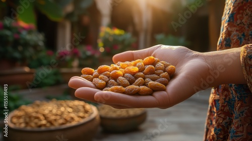 Hand holding fresh dates in warm sunset light with palm trees in background