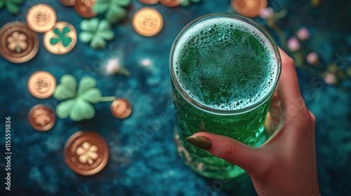 Celebration with green drink and festive decorations for St Patricks Day