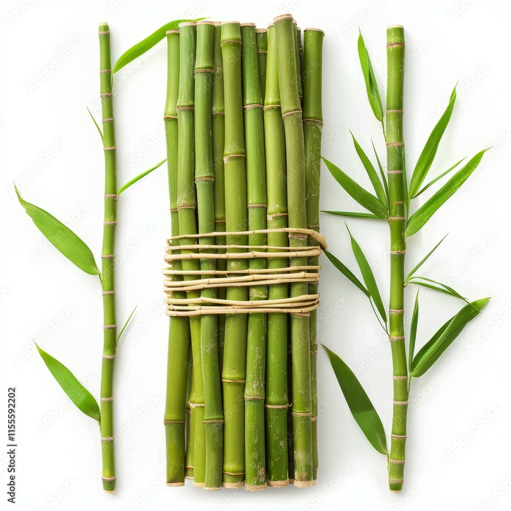 Obraz premium Fresh green tied bamboo stalks and leaves lying on white background representing nature, growth, and sustainability