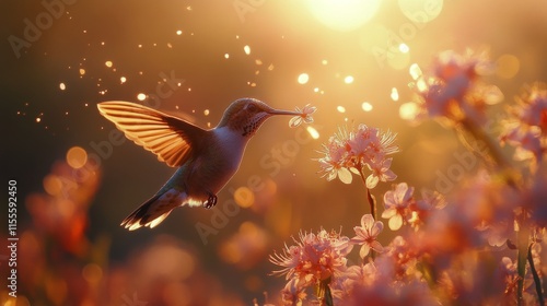 Hummingbird hovering among vibrant orange flowers in a colorful garden setting