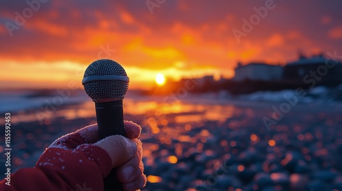 Singer performing on stage in a vibrant venue with blue and red lights during...