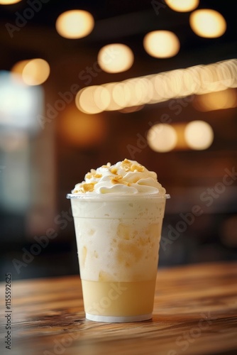 Refreshing Creamy Beverage with Whipped Cream and Caramel Drizzle Served in a Clear Plastic Cup Against a Warm Bokeh Background