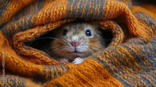 Cute hamster sitting on bedding with curious expression in cozy habitat