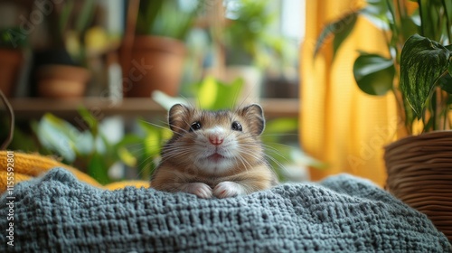Cute hamster sitting on bedding with curious expression in cozy habitat