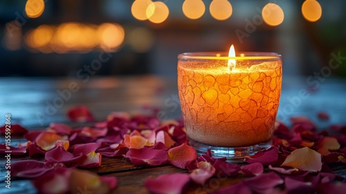 Elegant candle surrounded by rose petals creating a romantic ambiance in a co...