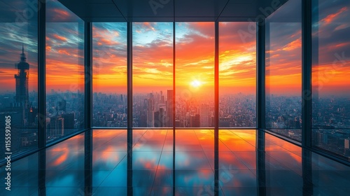 Beautiful sunset view over a city skyline from a modern high-rise building