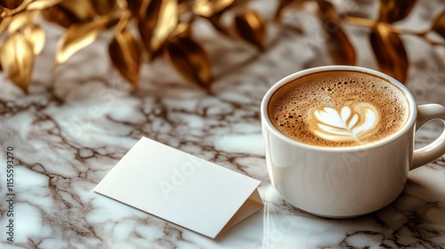 Coffee with latte art and potted fern on a marble table in a cozy indoor setting