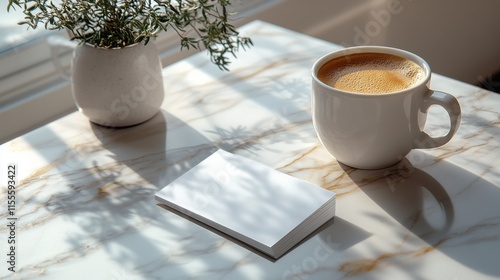 Coffee with latte art and potted fern on a marble table in a cozy indoor setting