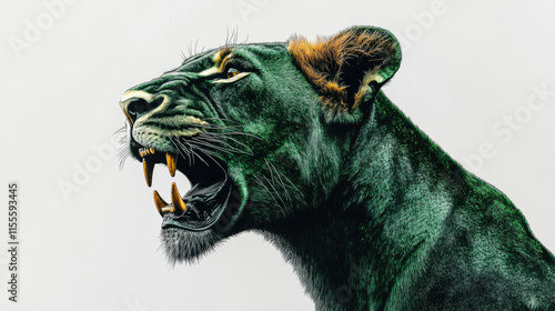 A majestic lioness roaring in profile view, with vibrant emerald green fur and subtle gold highlights, on a crisp white background photo