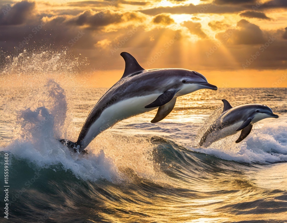 Fototapeta premium Playful Dolphins Leaping Through Golden Ocean Waves at Sunset