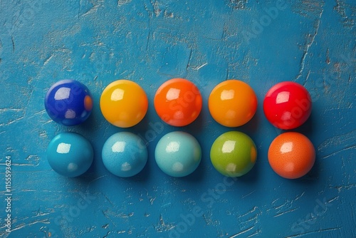 Colorful arrangement of pink and yellow eggs on a bright blue background for ...