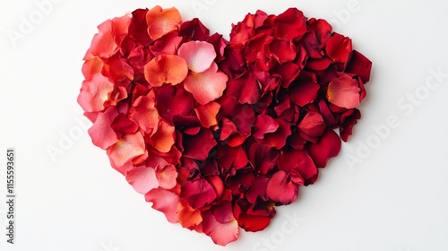 Heart shape made of colorful rose petals on a white background