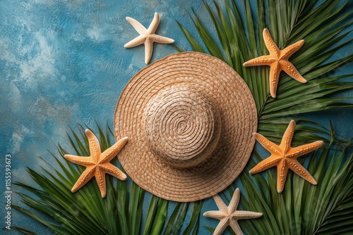 Straw hat surrounded by starfish and tropical leaves on a blue background