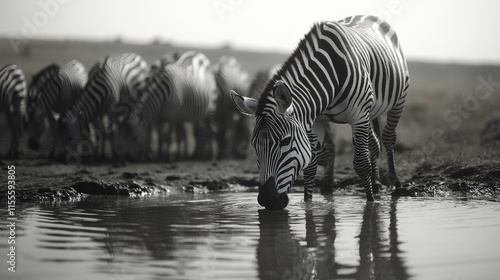 Zebras drinking water at a river in a grassland during daytime