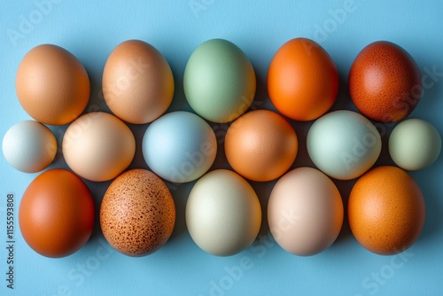 Colorful arrangement of pink and yellow eggs on a bright blue background for ...