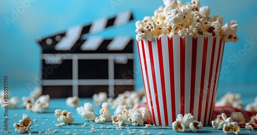 A light blue background with a red and white popcorn bucket and a clapperboard, Generative Ai. photo