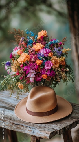 Vibrant bouquet of flowers beside a straw hat on a rustic wooden bench in a n...