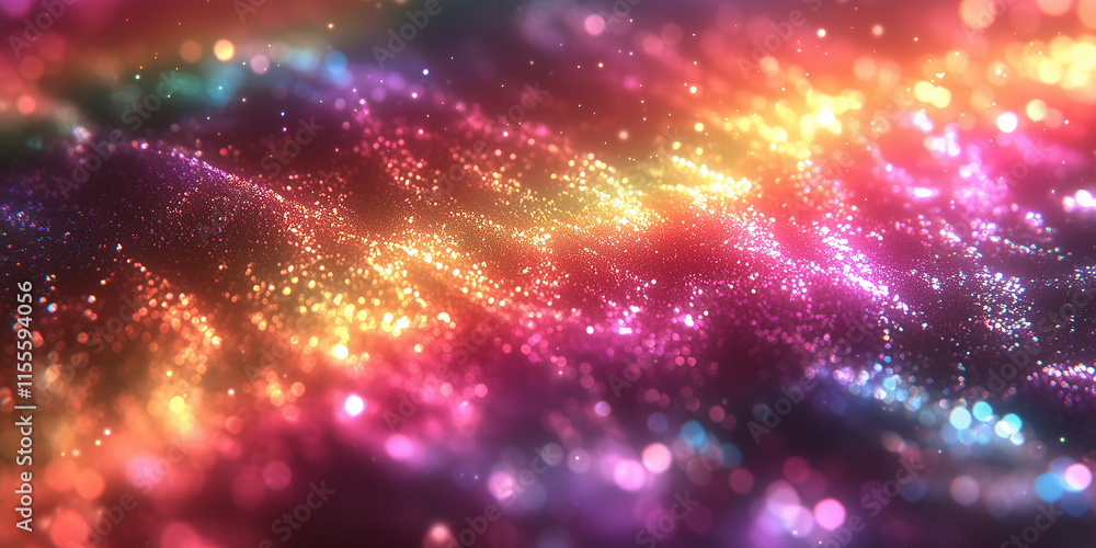 Fototapeta premium A vibrant digital background with rainbow bokeh lights, soft orbs, and glittering textures—perfect for festive designs, invitations, posters, and creative projects with a magical ambiance. 