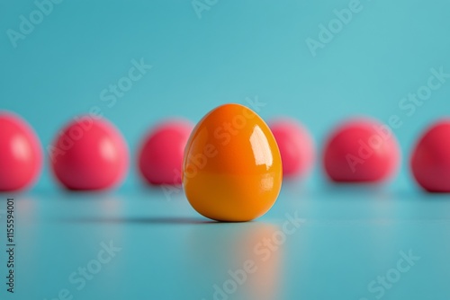 Colorful arrangement of pink and yellow eggs on a bright blue background for ...
