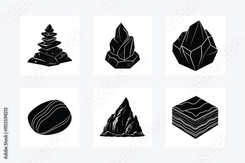 A collection of six rock and stone silhouette vector illustrations featuring geometric shapes, layered textures, and natural formations. Ideal for digital art, branding, geology themes, and minimalist