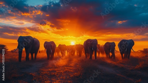 Dusk silhouettes of elephants walking toward a mountain in the African savanna