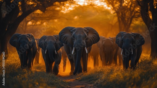 Dusk silhouettes of elephants walking toward a mountain in the African savanna