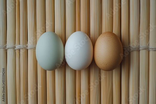 Three white eggs on wooden table casting shadows in soft morning light