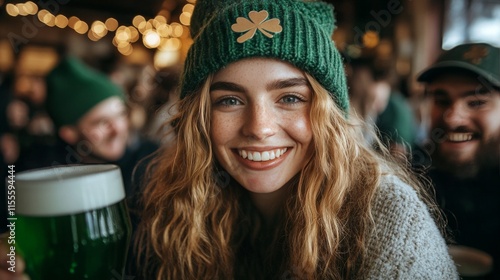 Celebrating St Patricks Day with green beer and festive attire in a lively pub