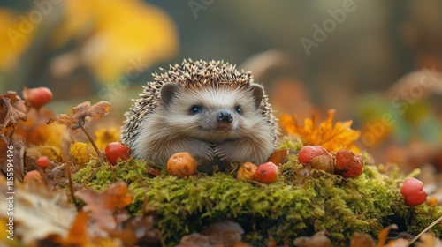 Hedgehog resting on mossy surface surrounded by greenery in a tranquil setting