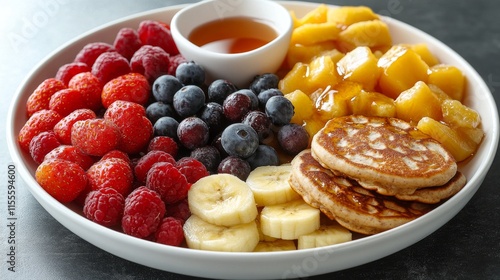 Healthy fruit and grain bowl featuring fresh berries, bananas, and nuts for a...