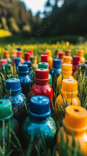 Colorful glass bottles lined up among greenery in a vibrant garden during gol...