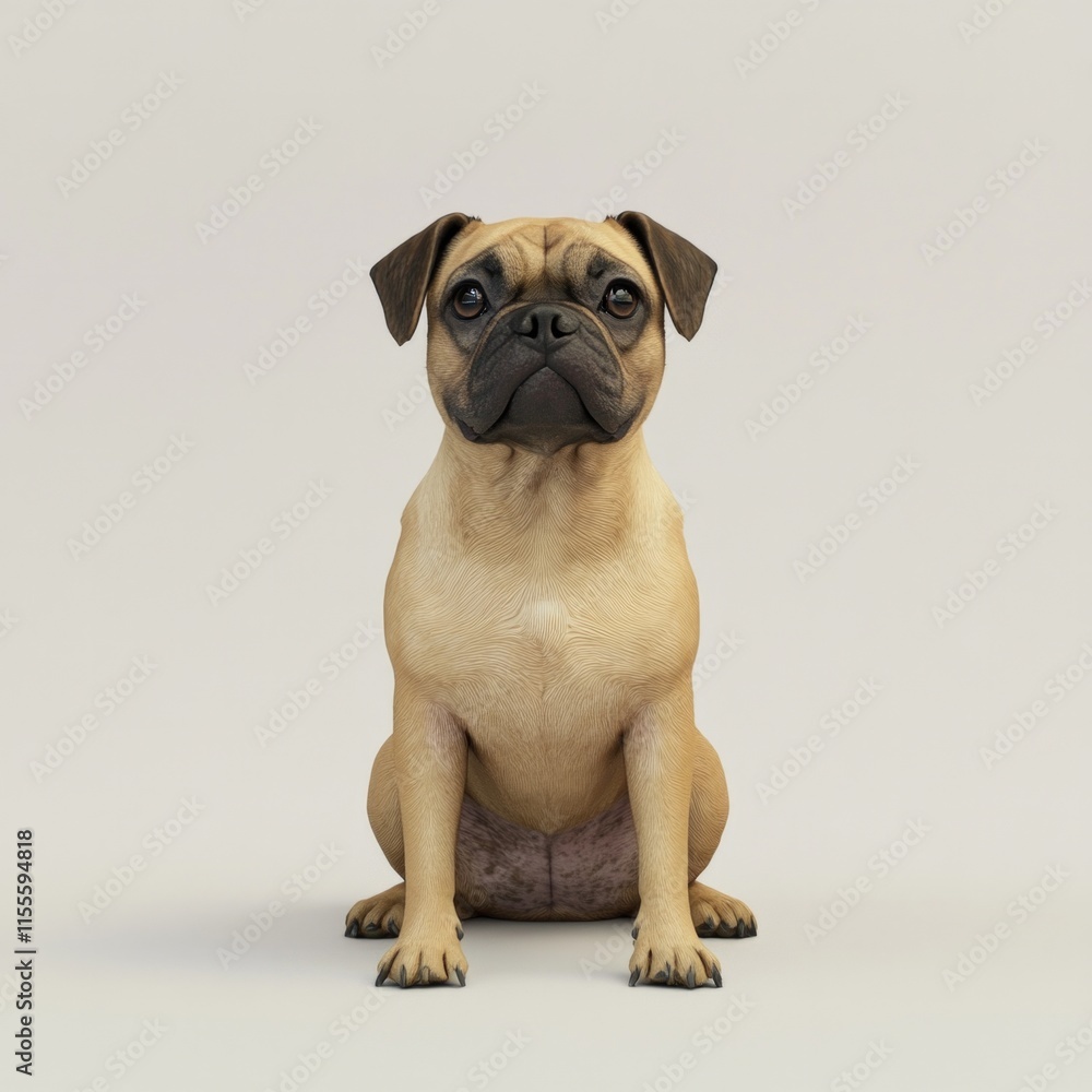 Fototapeta premium Curious pug sitting on plain background