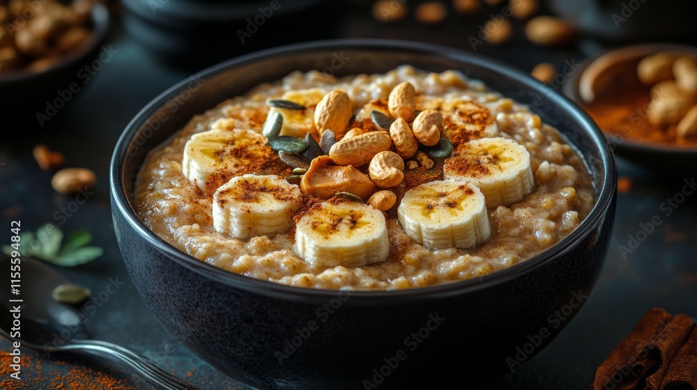 Warm oatmeal bowl topped with banana slices and spices on a rustic table Warm oatmeal bowl topped with banana slices and spices on a rustic table