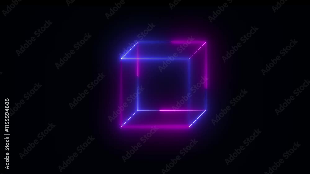 Neon cube frame. square magenta grid with magical glow 3d render in dark space. Neon cube frame. square magenta grid with magical glow 3d render in dark space.