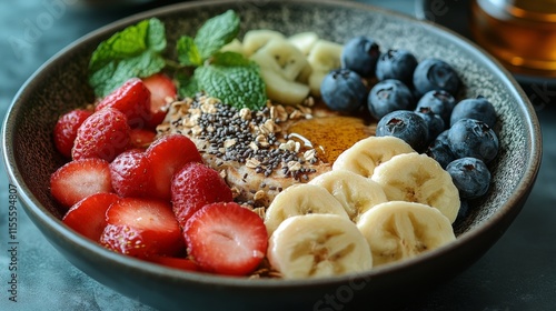 Healthy fruit and grain bowl featuring fresh berries, bananas, and nuts for a...