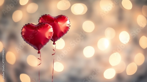 Red heart shaped balloons floating against a blurred background.